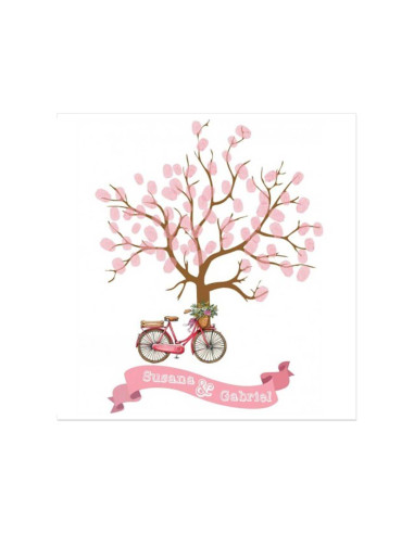 Árbol de huellas para boda de bicicleta y flores