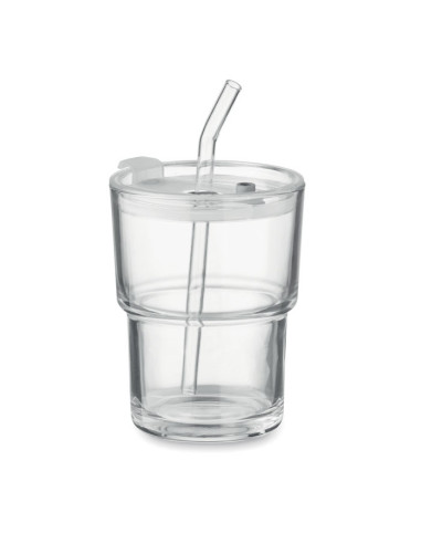 Vaso de cristal 300ml con tapa y pajita extraíble