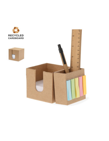 Portanotas de cartón reciclado con lapicero y mini notas adhesivas