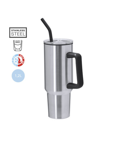 Taza térmica 1,2L de acero inox de doble pared con tapa y pajita