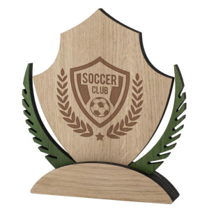 Trofeo escudo de madera con hojas de laurel