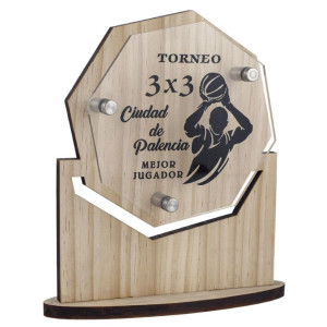 Trofeo octogonal de madera con placa de metacrilato