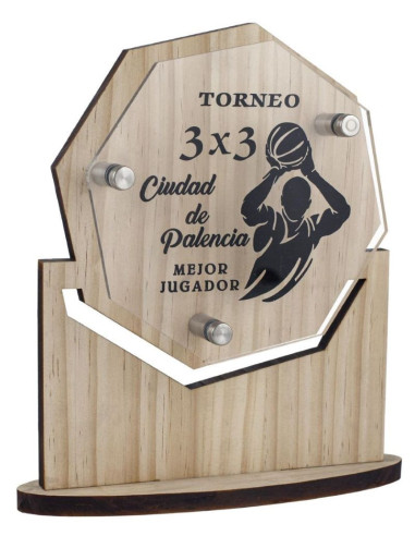 Trofeo octogonal de madera con placa de metacrilato