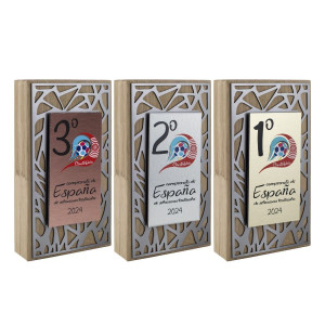 Trofeo placa vertical de madera y metal con placa de aluminio