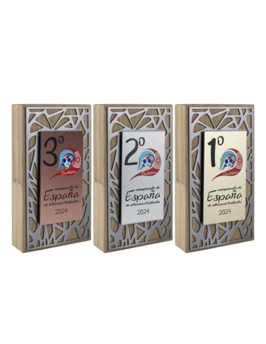 Trofeo placa vertical de madera y metal con placa de aluminio