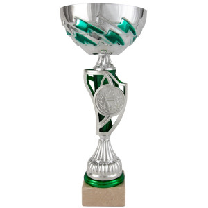 Copa deportiva plateada y verde con chapa de antorcha