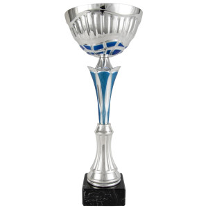 Copa deportiva plateada con detalles azules