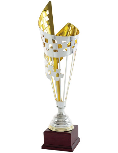 Copa deportiva con bandera troquelada plateada y dorada