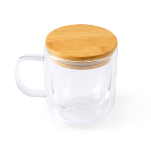 Taza de cristal de borosilicato de doble pared con tapa de bambú