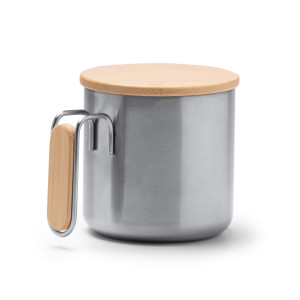 Taza metálica con tapa y asa de bambú
