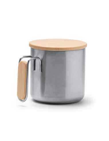 Taza metálica con tapa y asa de bambú