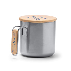 Taza metálica con tapa y asa de bambú
