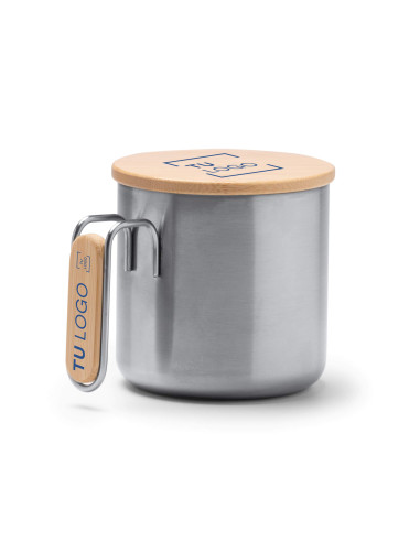Taza metálica con tapa y asa de bambú