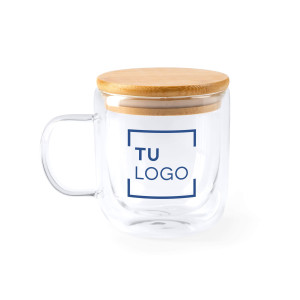 Taza de cristal de borosilicato de doble pared con tapa de bambú