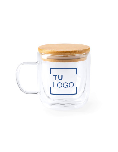 Taza de cristal de borosilicato de doble pared con tapa de bambú