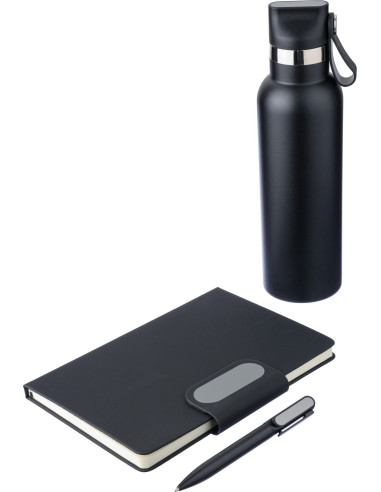 Set de regalo de botella térmica con bolígrafo y libreta reciclados