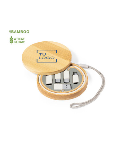 Set de Cables USB en Estuche de Bambú Personalizado
