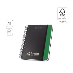 Agenda diaria A5 de papel reciclado con anillas y acabado mate