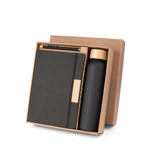 Set de regalo con libreta, botella y bolígrafo en material reciclado