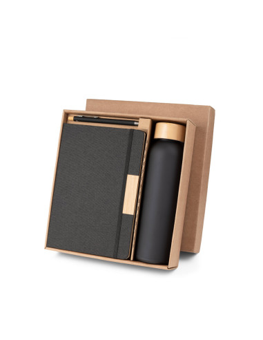 Set de regalo con libreta, botella y bolígrafo en material reciclado