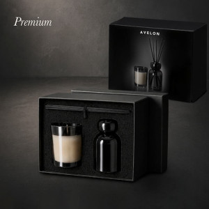 Set aromático premium de ambientador mikado y vela de cristal