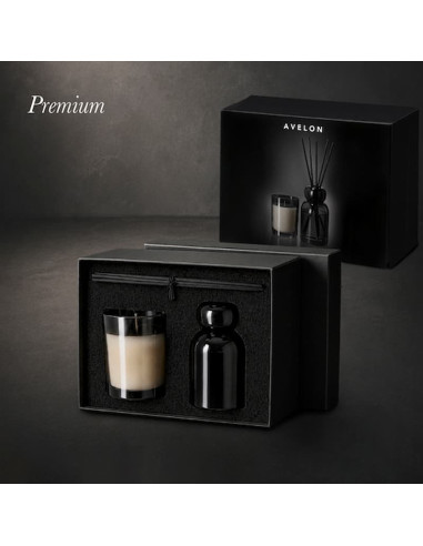 Set aromático premium de ambientador mikado y vela de cristal