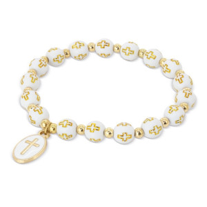 Pulsera elástica con cuentas de cruces doradas y medallón con cruz 2