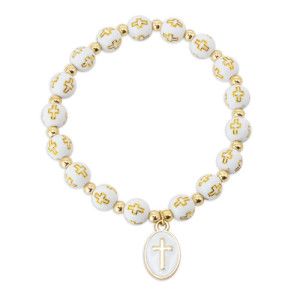 Pulsera elástica con cuentas de cruces doradas y medallón con cruz