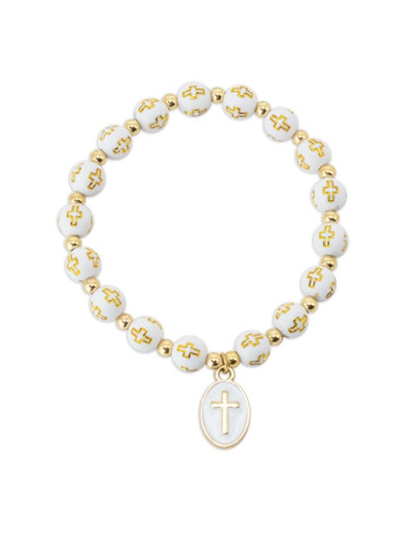 Pulsera elástica con cuentas de cruces doradas y medallón con cruz